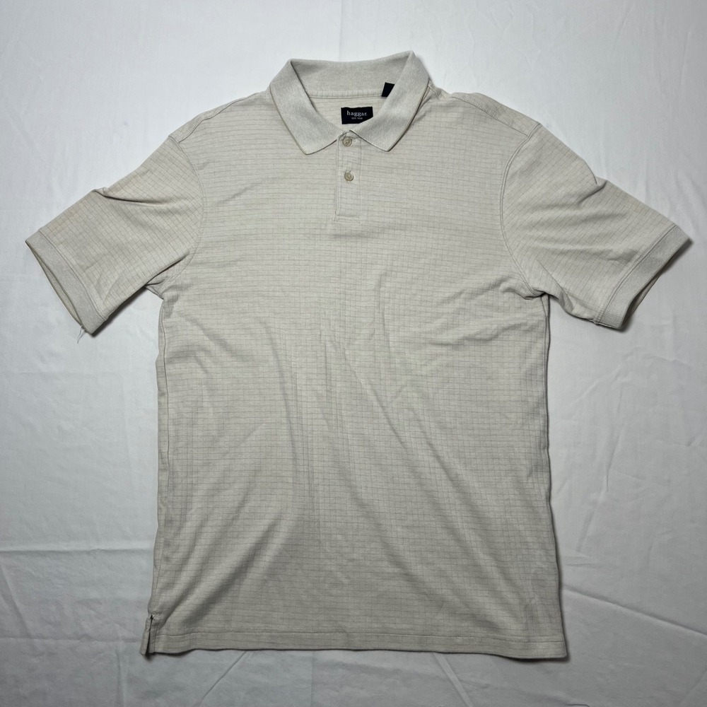 Haggar Mens Polo Shirt Medium Tan Beige Textured Grid Short Sleeve Cotton Blend